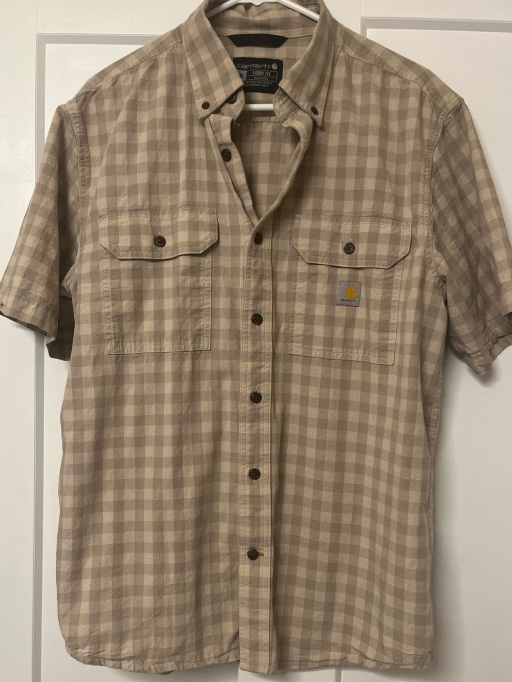Carhartt Men’s Short-Sleeve Button-Down Check Shirt — Tan & Cream